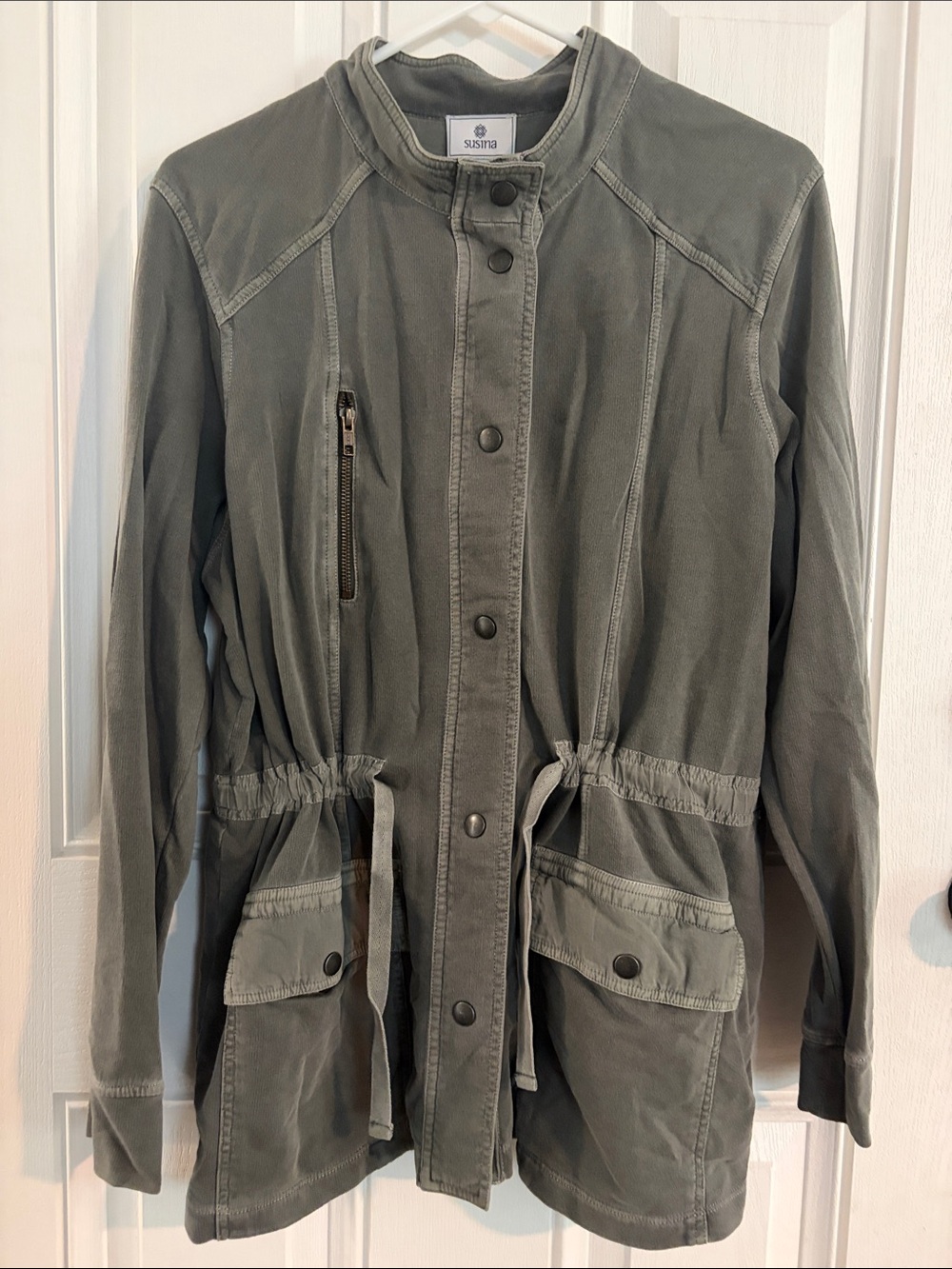 Susina Olive Green Utility Jacket with Drawstring Waist